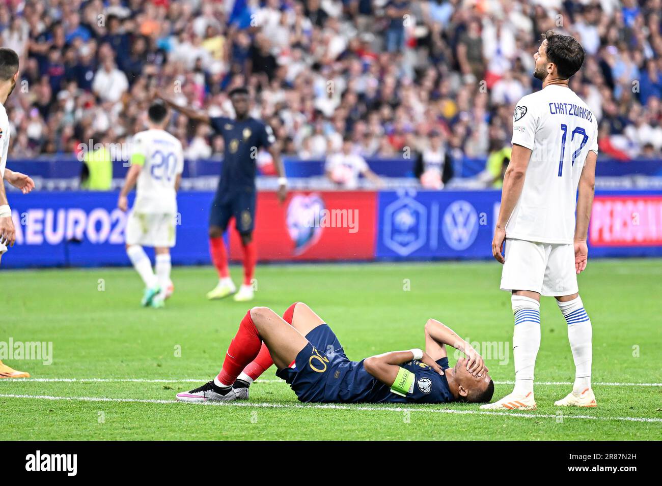 Paris, France. 19th June, 2023. Kylian Mbappe injured during the UEFA Euro 2024 European Qualifiers, football match between France and Greece on June 19, 2023 at Stade de France in Saint-Denis, France. Credit: Victor Joly/Alamy Live News Stock Photo