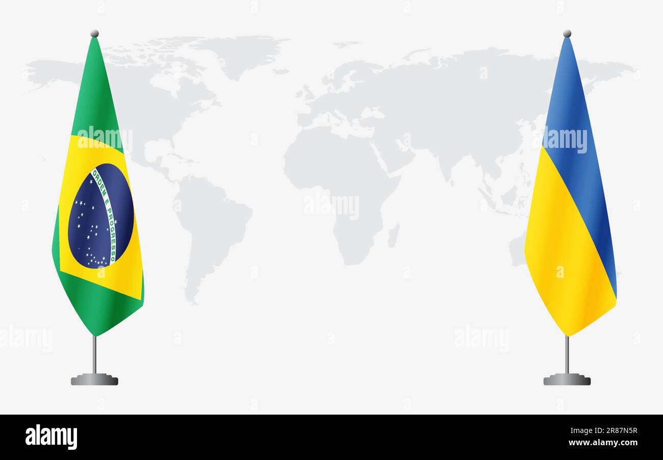 Brazil and Ukraine flags for official meeting against background of