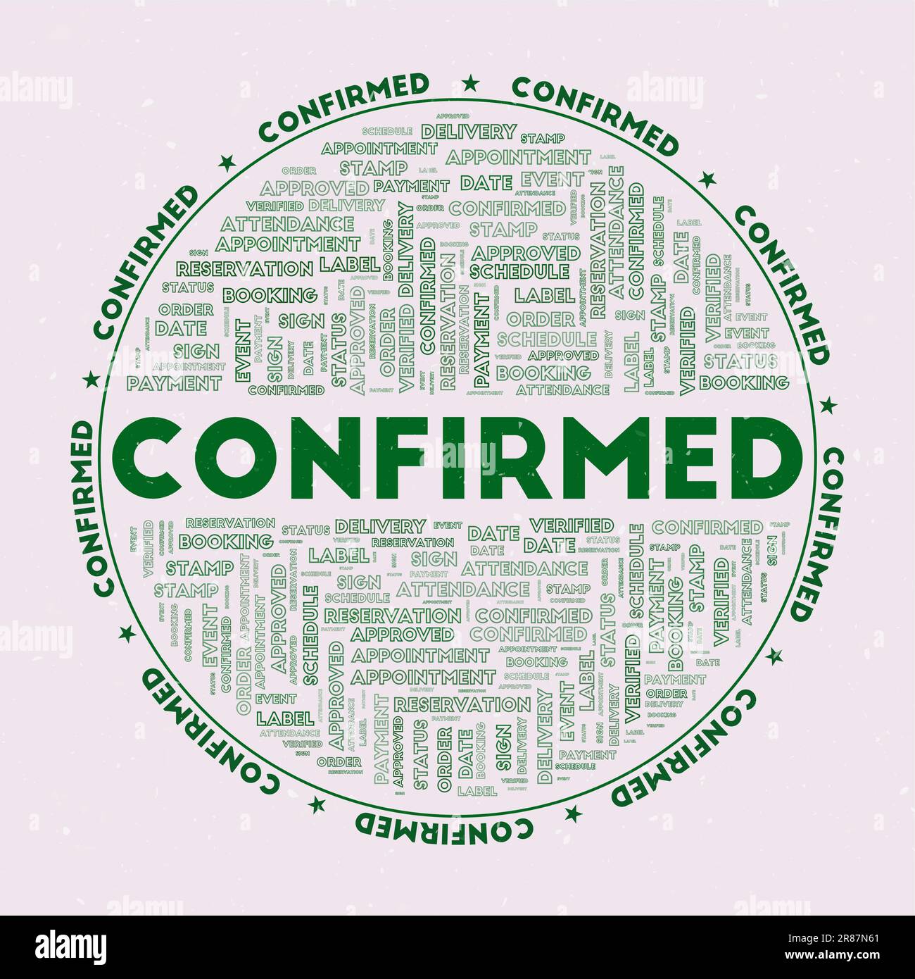 Confirmed - round badge. Text confirmed with keywords word clouds and circular text. Woodland Wonder color theme and grunge texture. Stock Vector