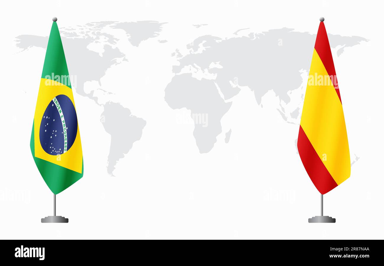 Brazil and civil Spain flags for official meeting against background of