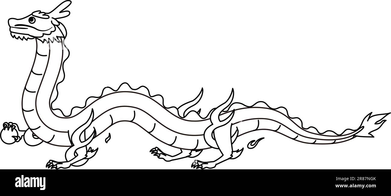 New Year greeting card material for the year of the dragon 2024, dragon walking on four legs, black and white line drawing, Vector Illustration Stock Vector