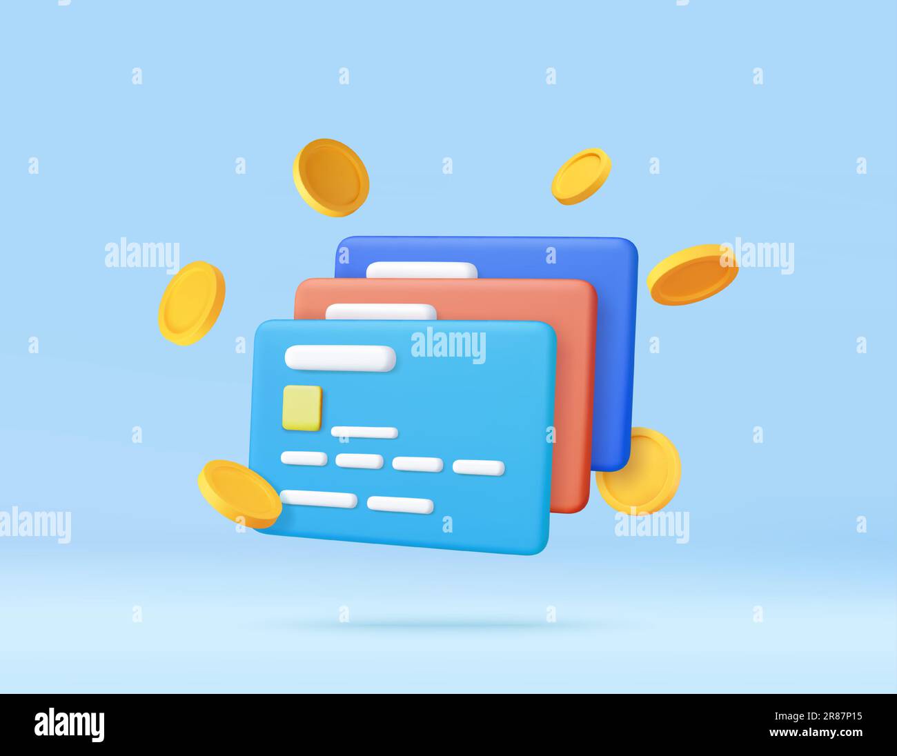 3d Credit card, floating coins around Stock Vector