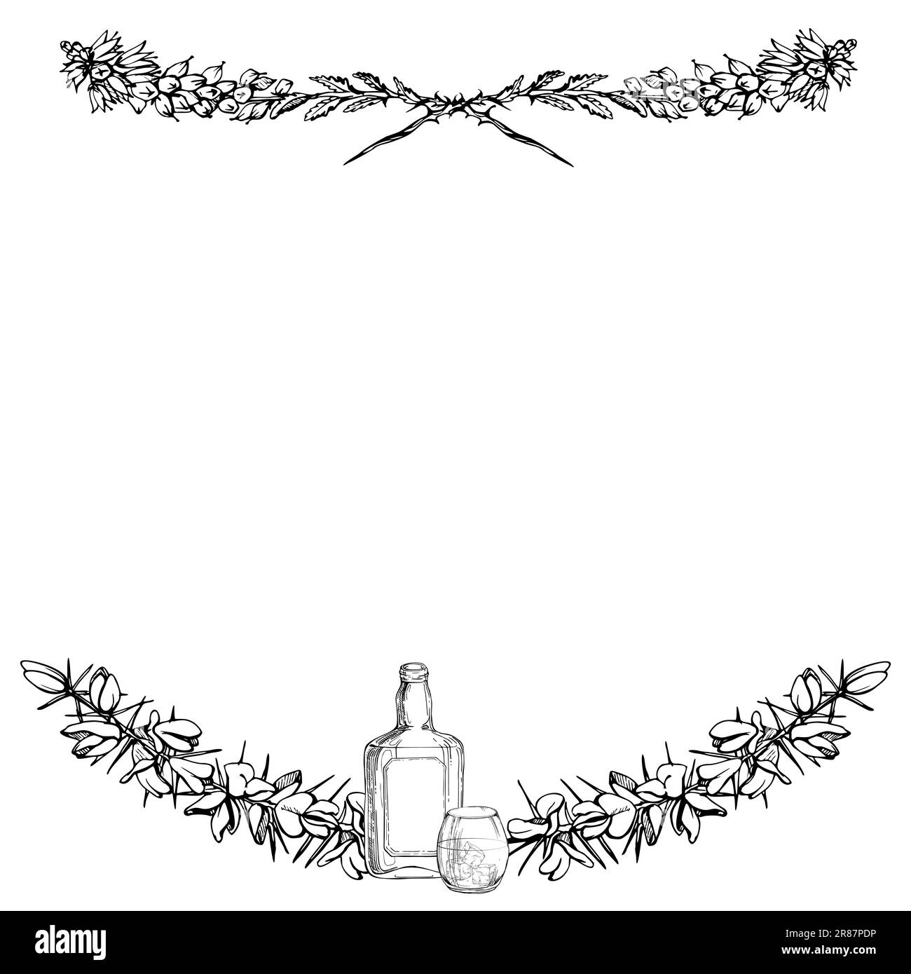 Ink hand drawn vector illustration. Scotland symbols. Scotch scottish whisky whiskey glass and bottle, heather plant flower border. Square frame Stock Vector