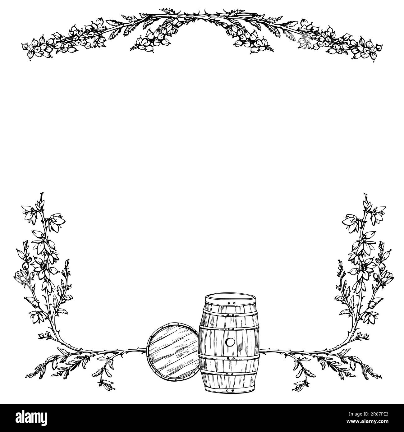 Ink hand drawn vector illustration. Scotland symbols. Scotch scottish whisky whiskey wooden barrels and heather plant flower border. Square frame Stock Vector