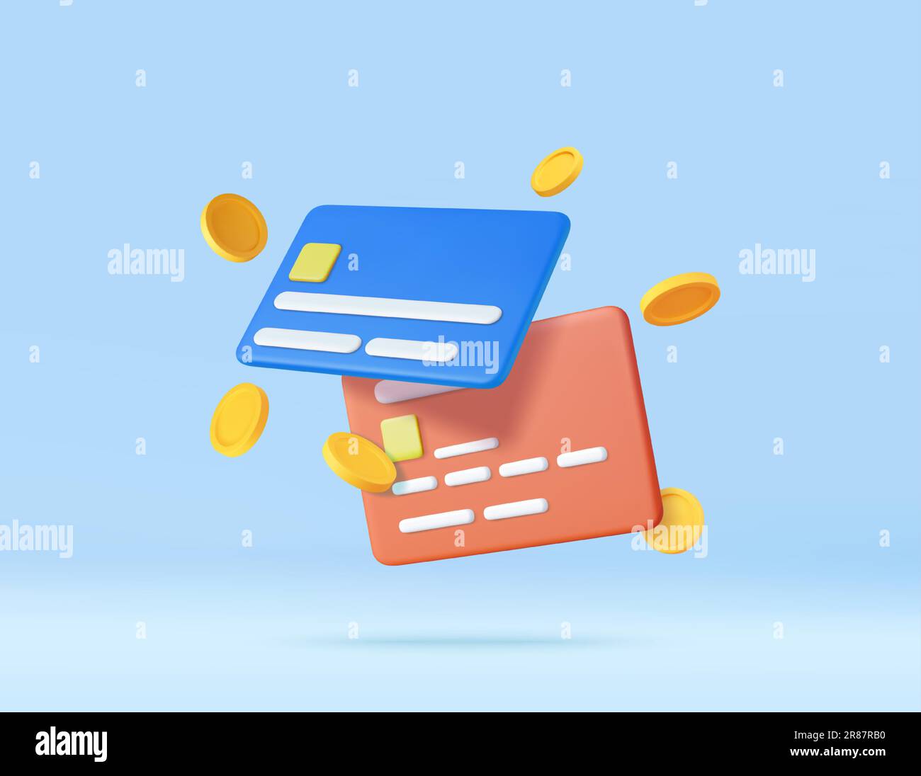 3d Credit card, floating coins around Stock Vector