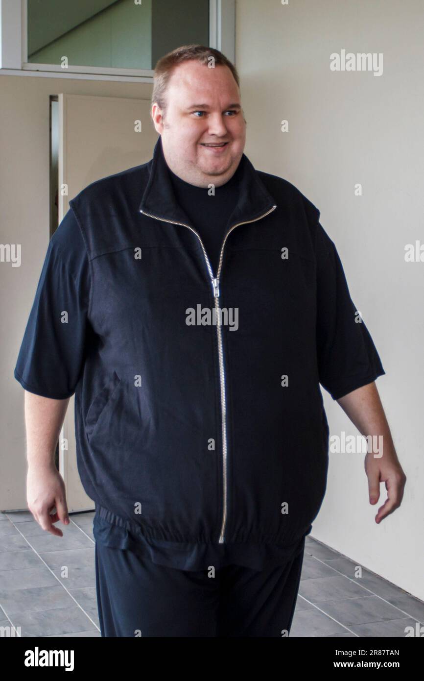 Kim Dotcom (aka Kim Schmitz) is released on bail at the District Court  on charges in a US led copyright infringement Investigation, North Shore, Auckland, New Zealand, Wednesday, February 22, 2012. Stock Photo