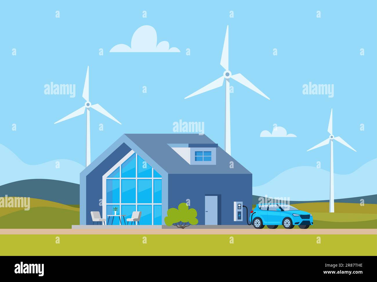 Green energy and eco friendly modern house. Solar, wind power. Electric
