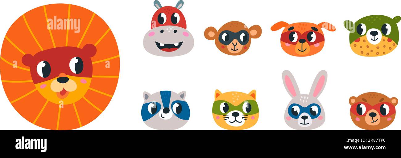 Cartoon animal superhero cute faces. Heroes bear, monkey, raccoon and dog in masks. Children stickers, wild animals avatars vector set Stock Vector
