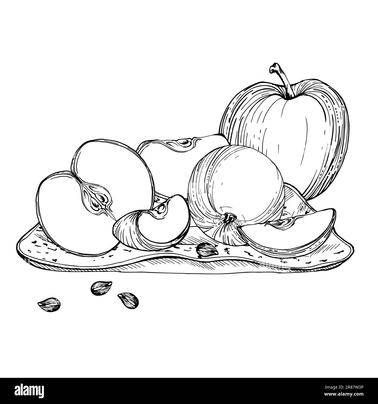 Hand drawn ink composition with apple fruits on ceramic plate, full and