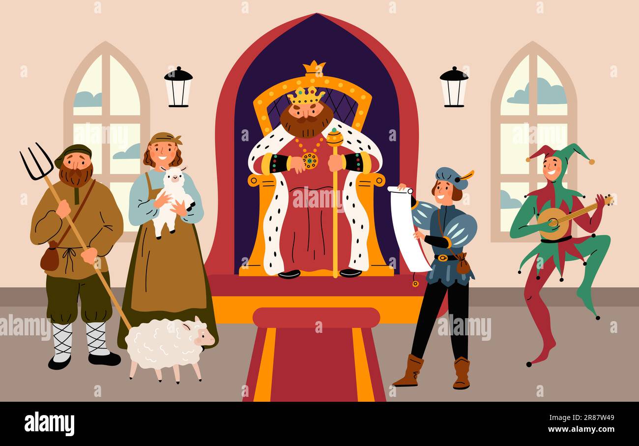 King in throne room. Royal reception of visitors. Peasants with pitchforks and sheep in palace hall. Court jester dance. Ancient farmers family and he Stock Vector