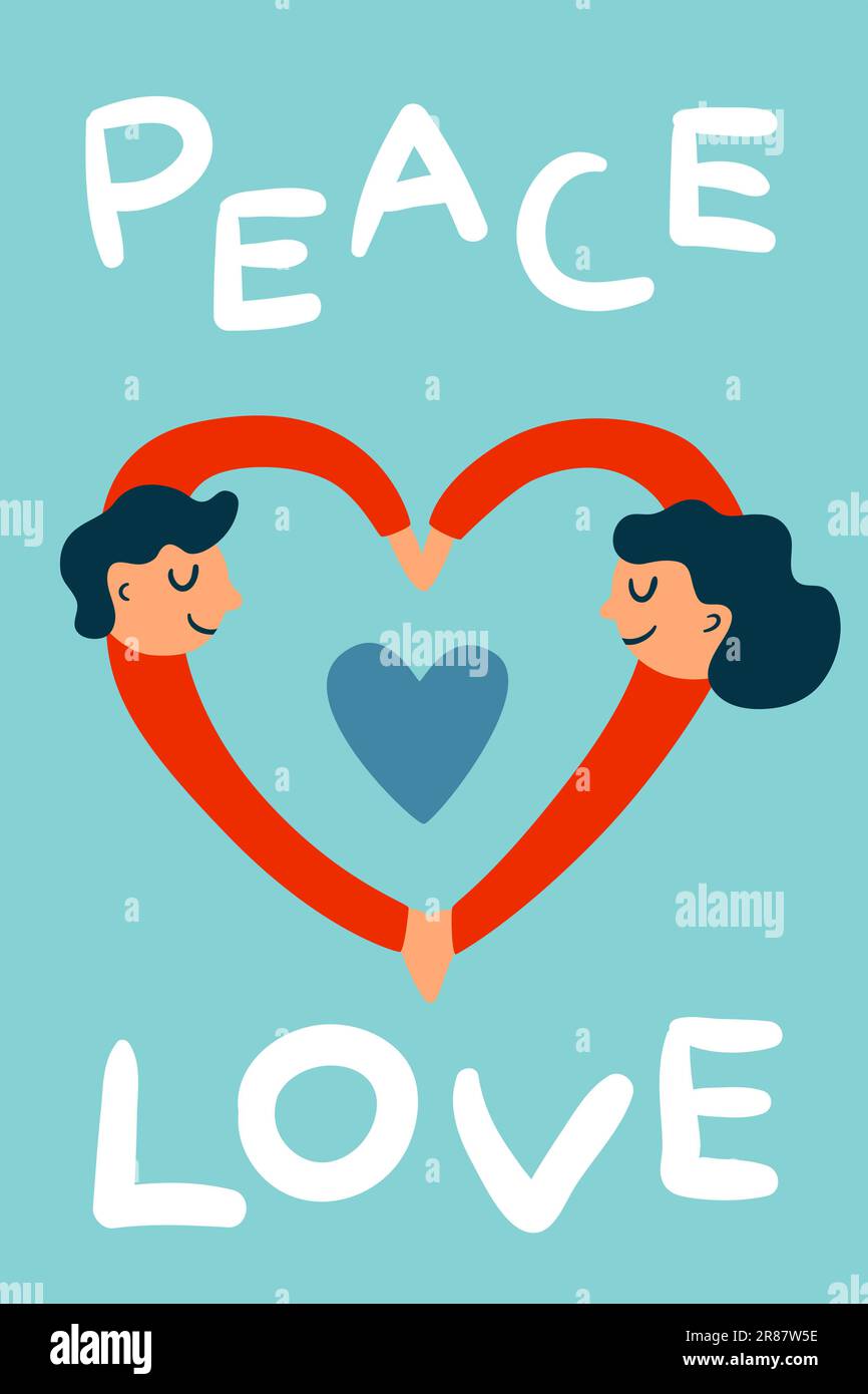 Peace card. Man and woman holding hands. Smiling lovers couple. Love and peacekeeping. Cute hippies. Heart shape. Peaceful people hug. Pacifism and hu Stock Vector