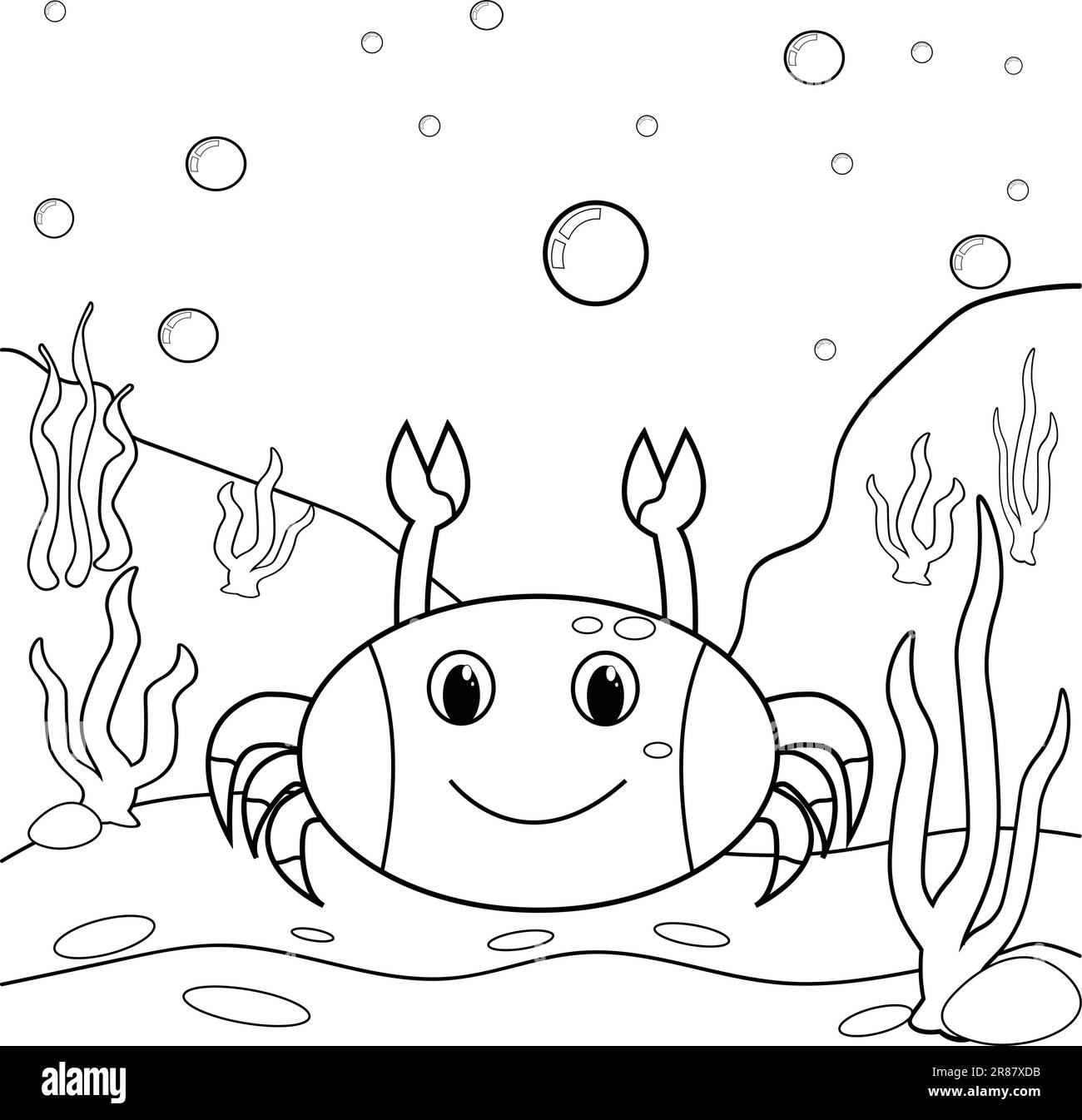 Coloring page of a Cartoon Crab underwater. Illustration for coloring page for kids Stock Vector