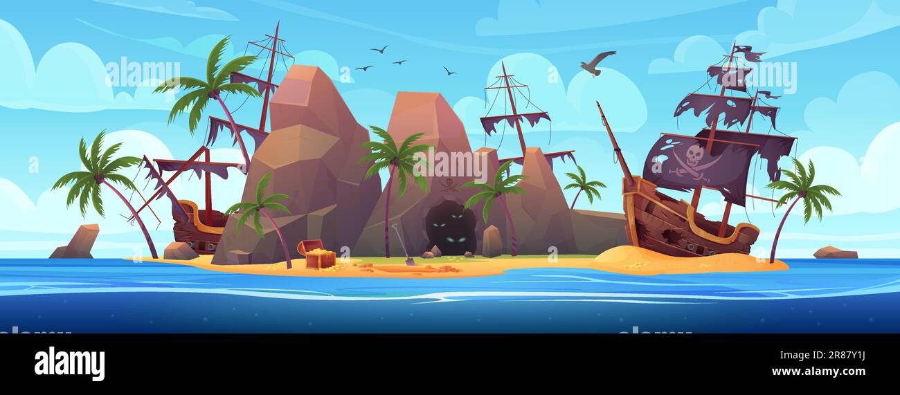 Wreck of pirate ships on desert island vector illustration. Cartoon island tropical landscape with sand beach and sea waves, open treasure chest, old broken wooden pirate boats with torn black sails Stock Vector