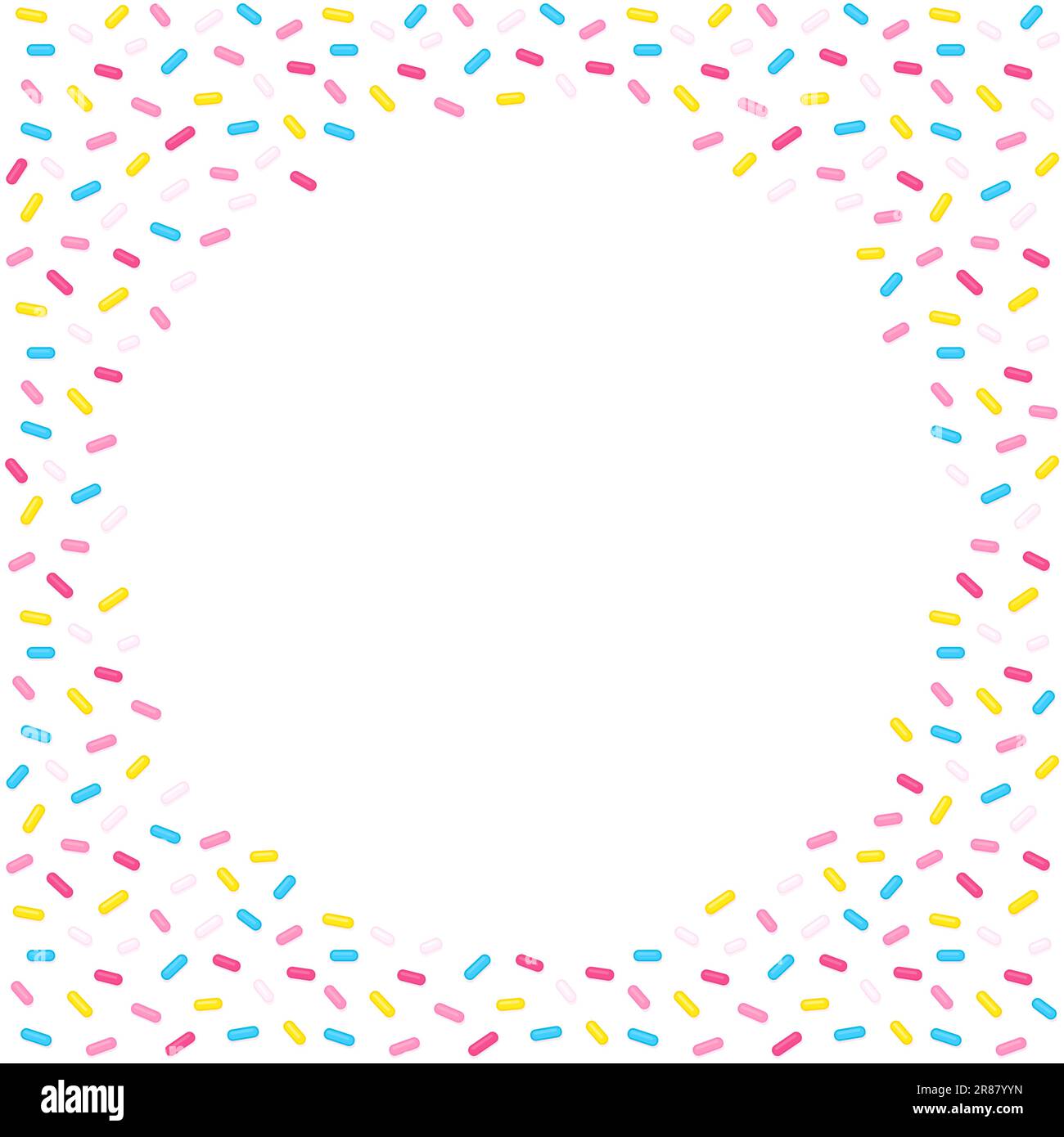 Sugar sprinkles circular frame on white background. Donut glaze or birthday cake decoration. Fun cartoon vector design for web banner or poster. Stock Vector