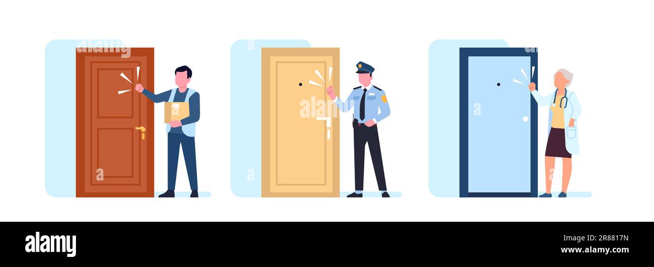 People knocking on door. Policeman and doctor standing in front of house entrance. Courier delivering order parcel. Guests rings doorbell. Police offi Stock Vector