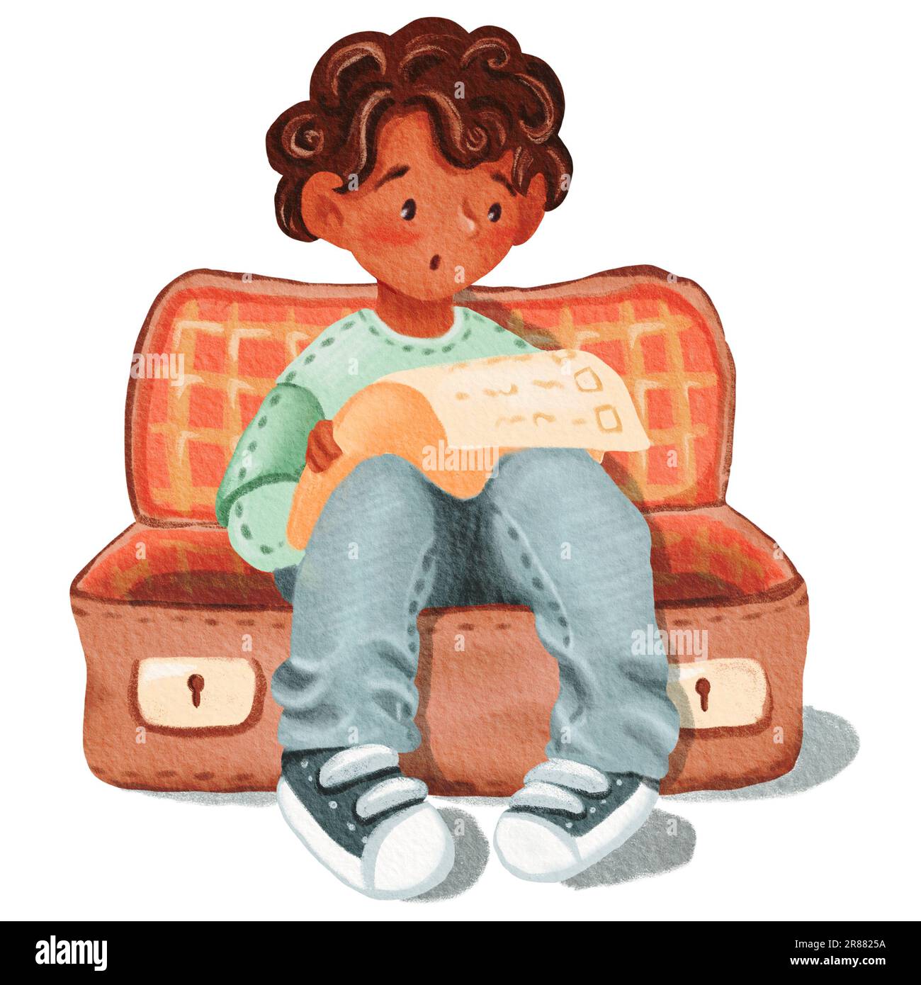 A dark-skinned boy sits in open empty brown retro suitcase. Surprised looks at the todolist. Isolated watercolor illustration of a teenager. Character Stock Photo