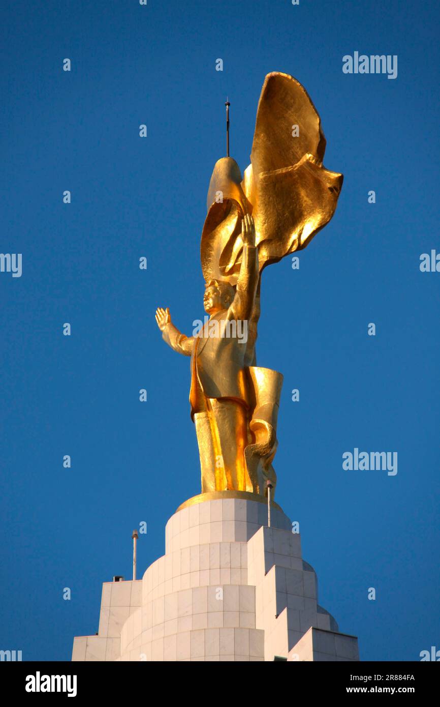 Golden statue of the late Head of State Niyazov on top of the Neutrality Tower, Ashgabat Turkmenistan Stock Photo