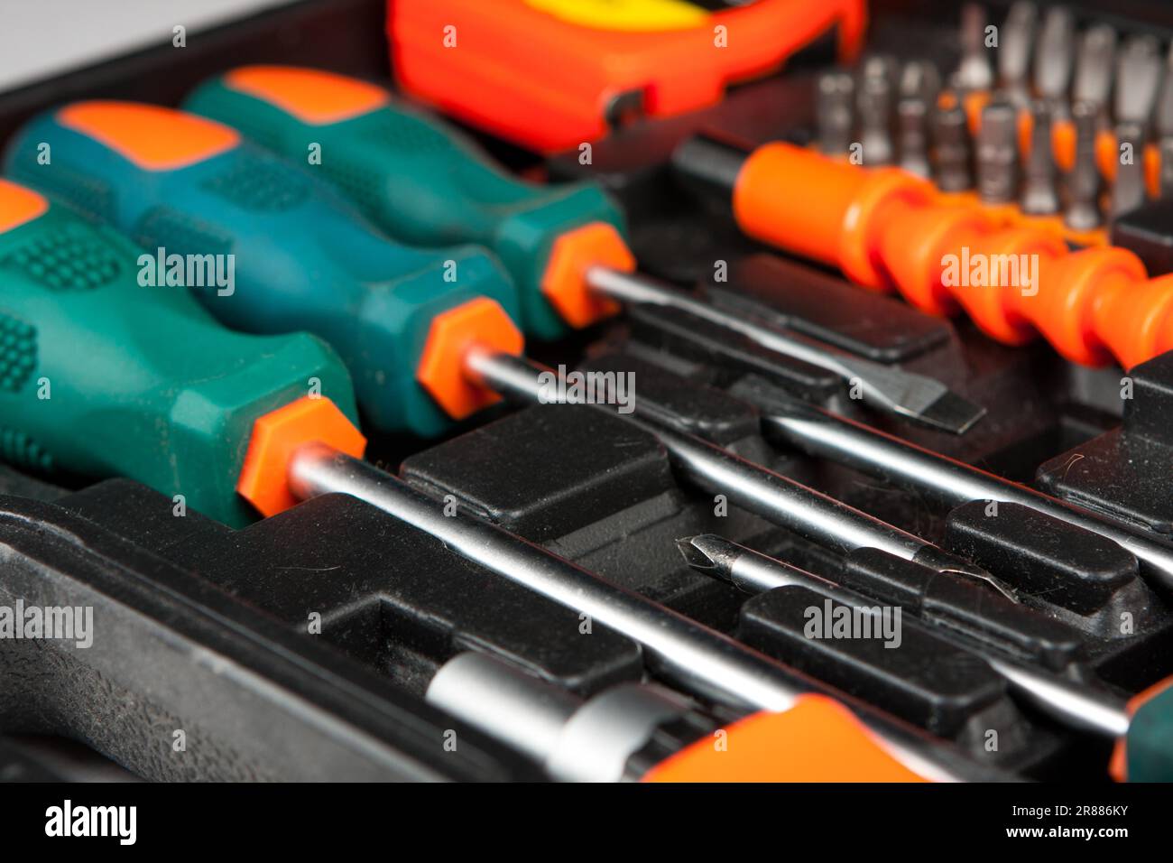 Set of various tools in black box Stock Photo