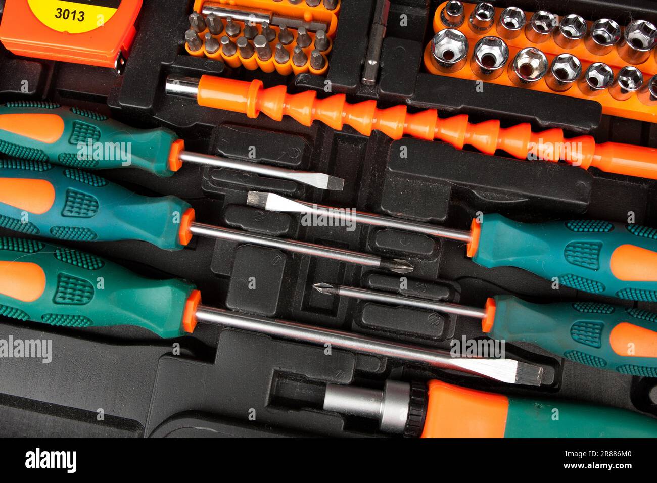 Set of various tools in black box Stock Photo