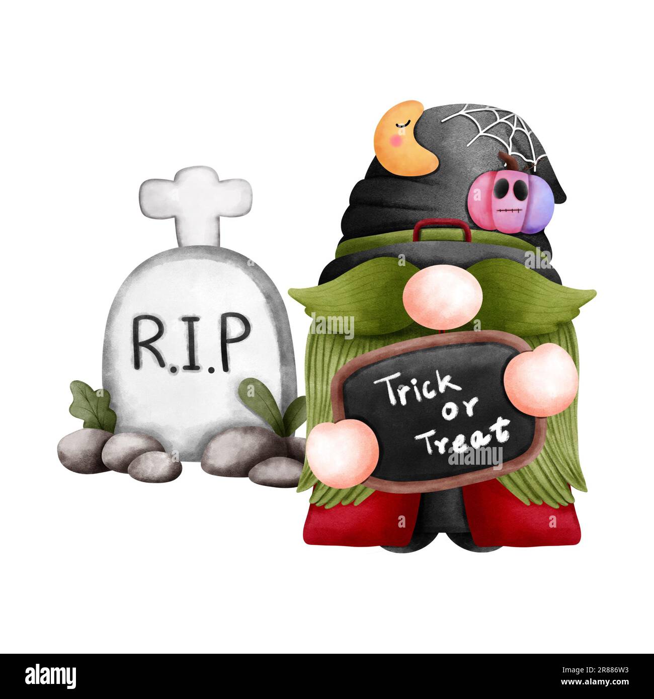 Halloween gnome illustration.Halloween cute gnome boy with trick or treat,graveyard,pumpkin and crescent moon isolated on white background. Halloween Stock Photo