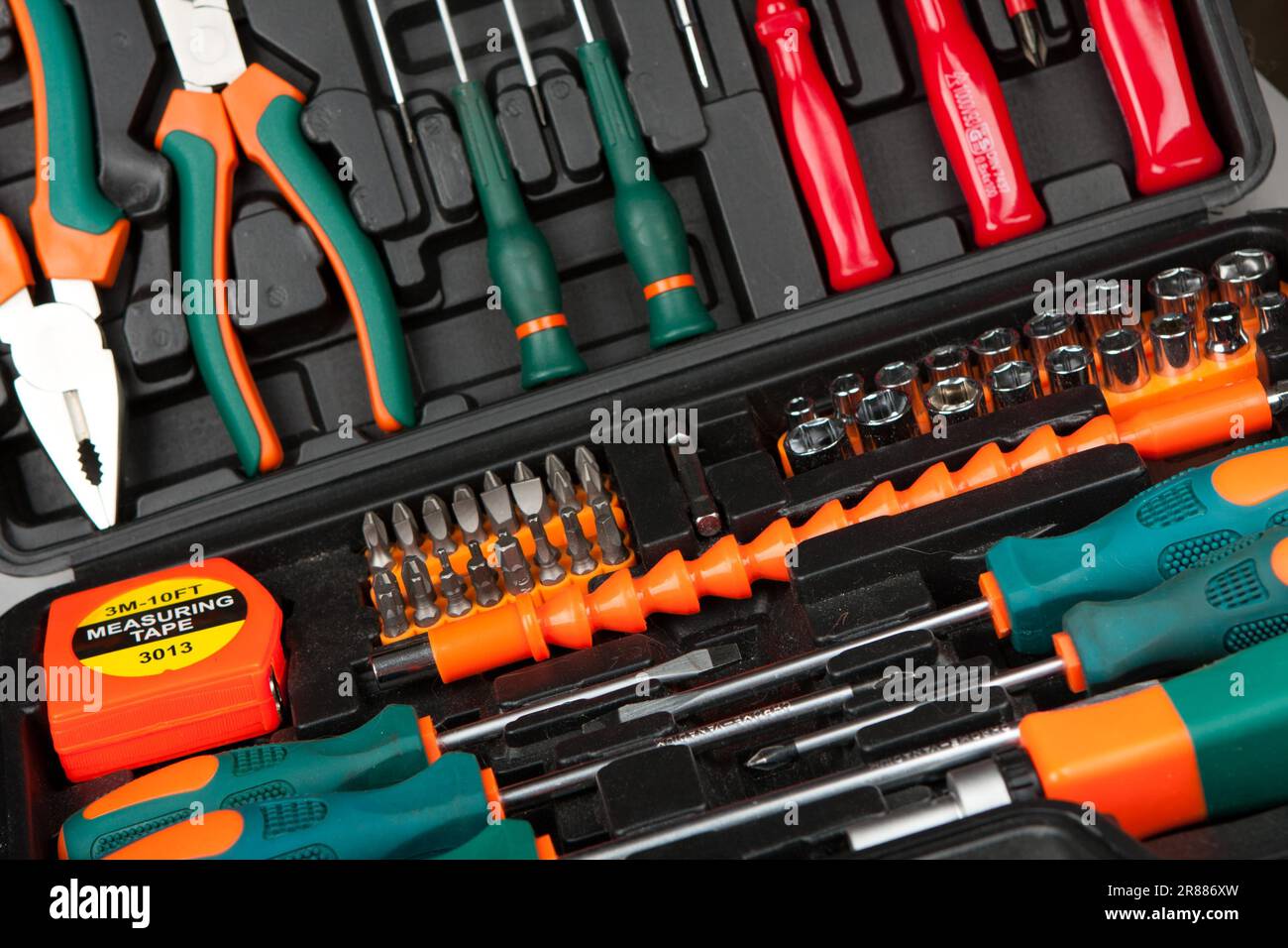 Set of various tools in black box Stock Photo