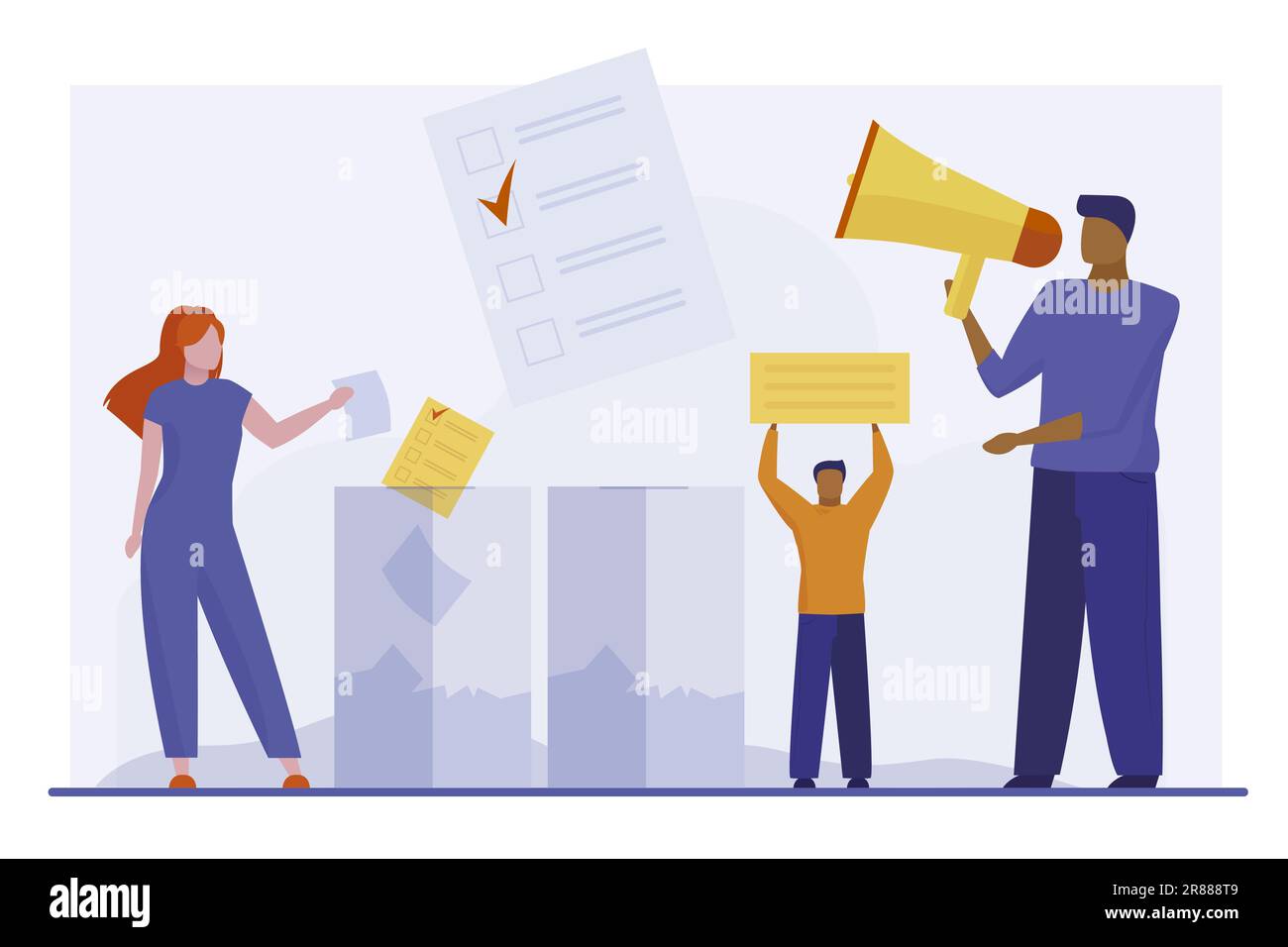 Voters throwing forms into ballot boxes Stock Vector