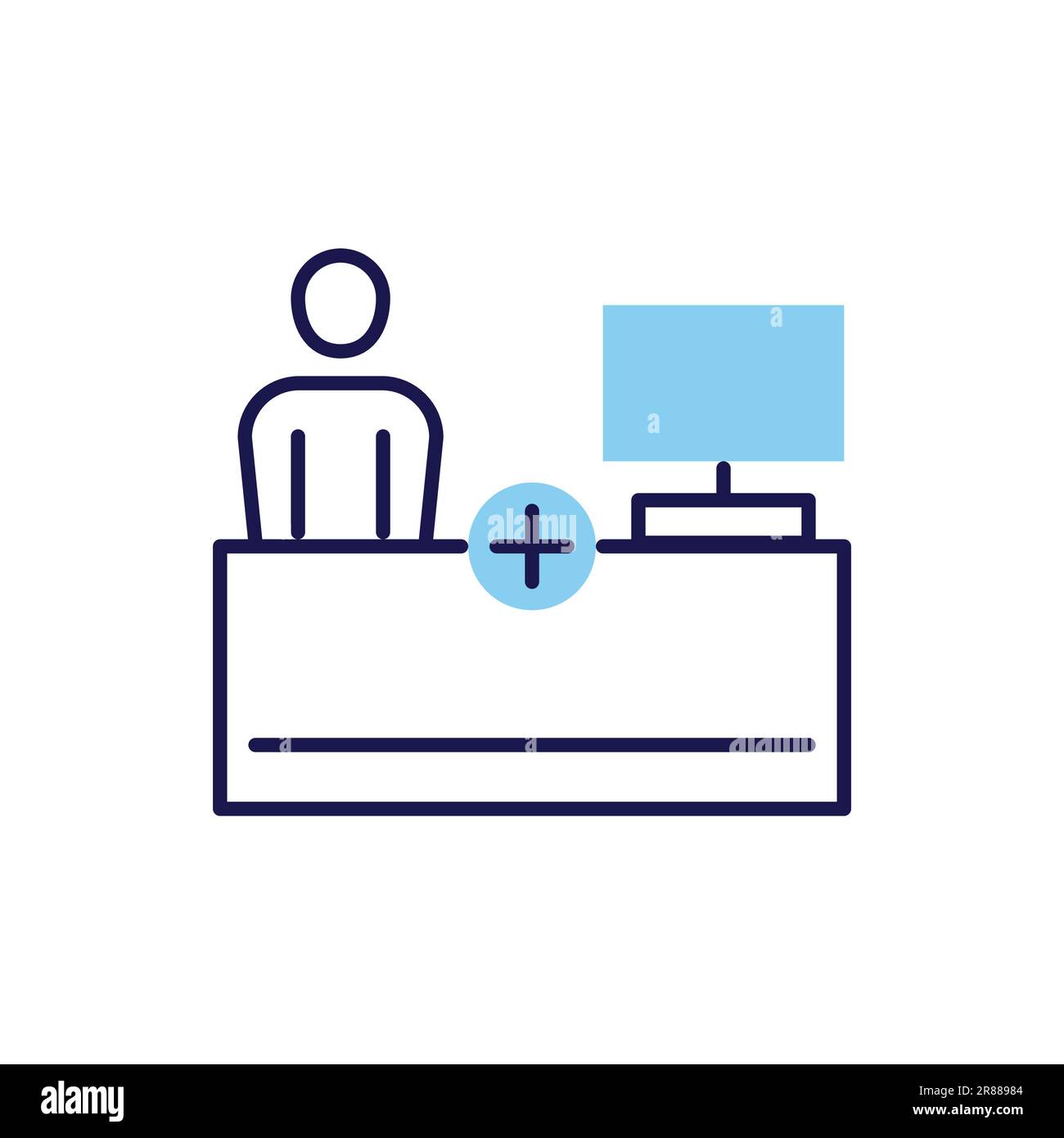 Reception related vector line icon. Person, table, computer, medical ...
