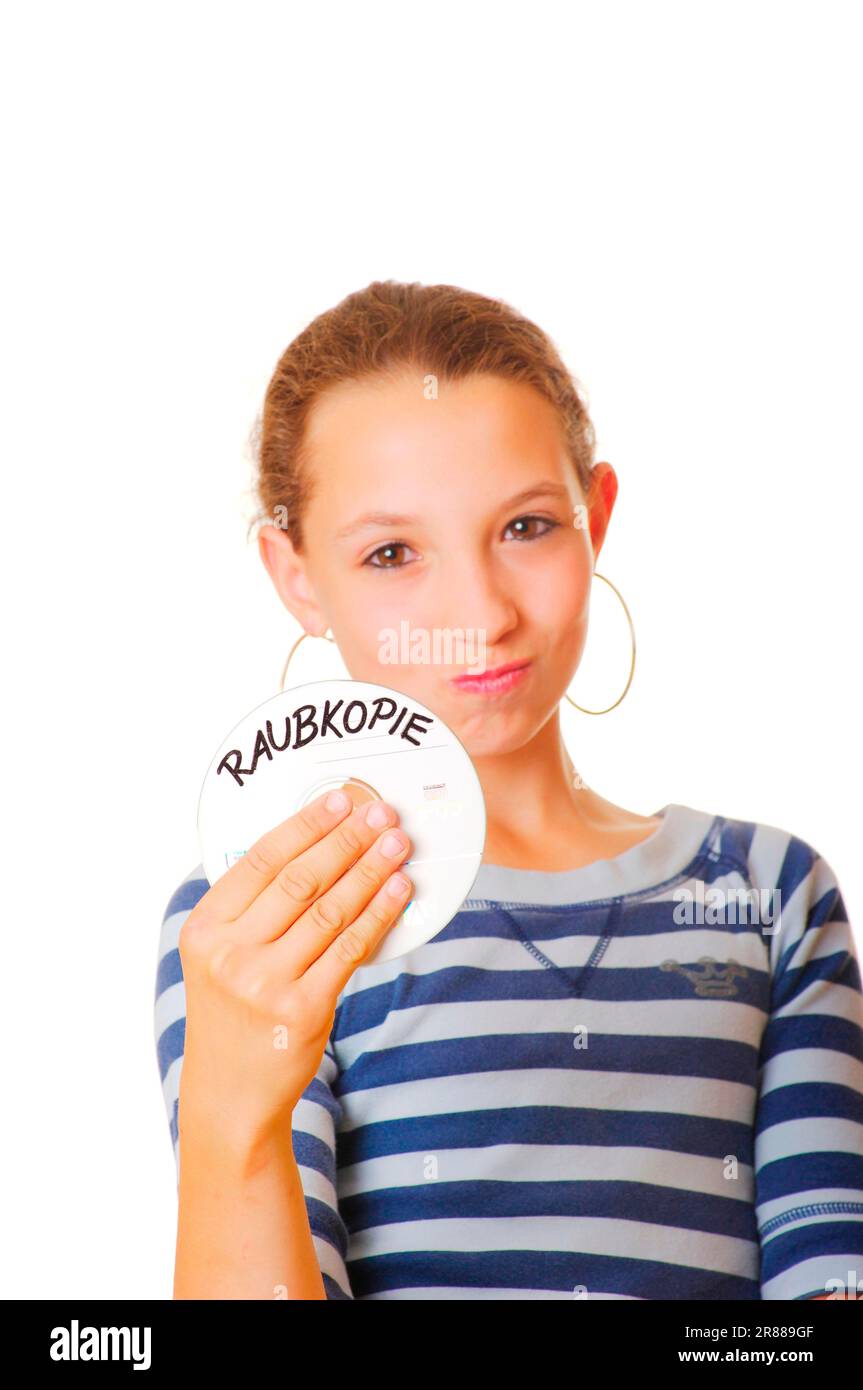 Girl with CD-Rom, pirate copy Stock Photo