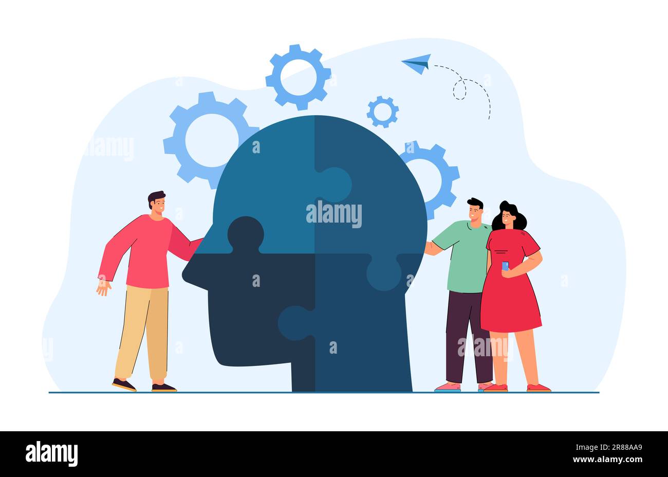 Office people putting pieces of jigsaw of head puzzle together Stock