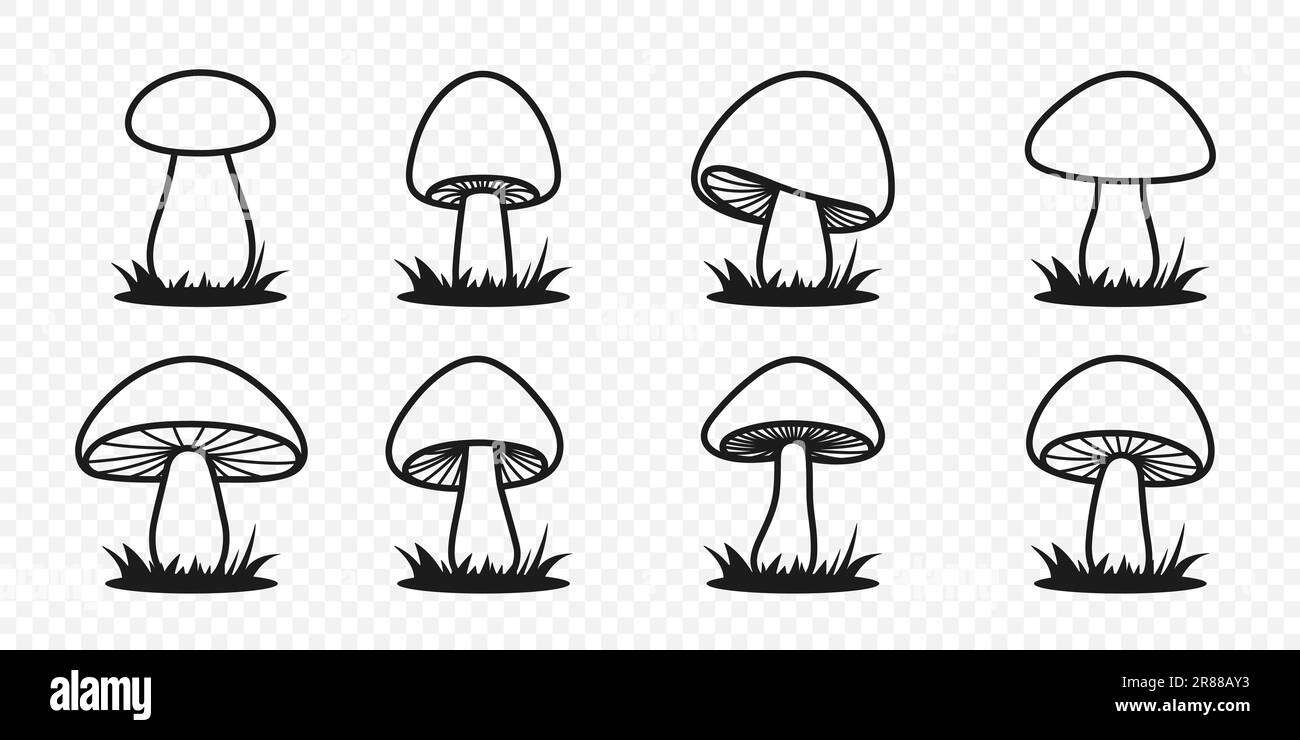 Vector Hand Drawn Cartoon Flat Mushroom Icon Set. Mushroom Illustration, Mushrooms Collection. Magic Mushroom Symbol, Design Template Stock Vector