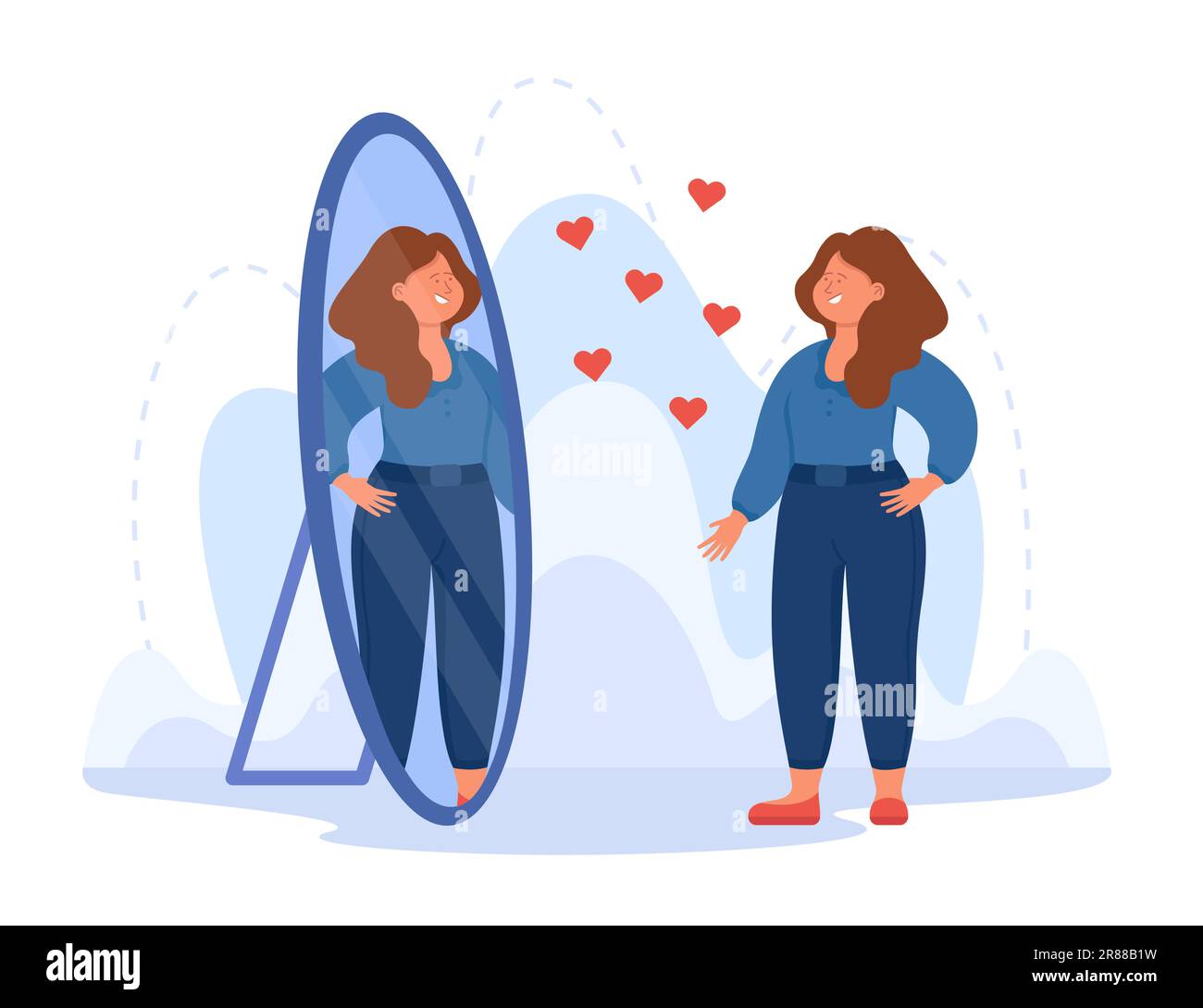 Happy smiling woman admiring beautiful reflection in mirror Stock Vector