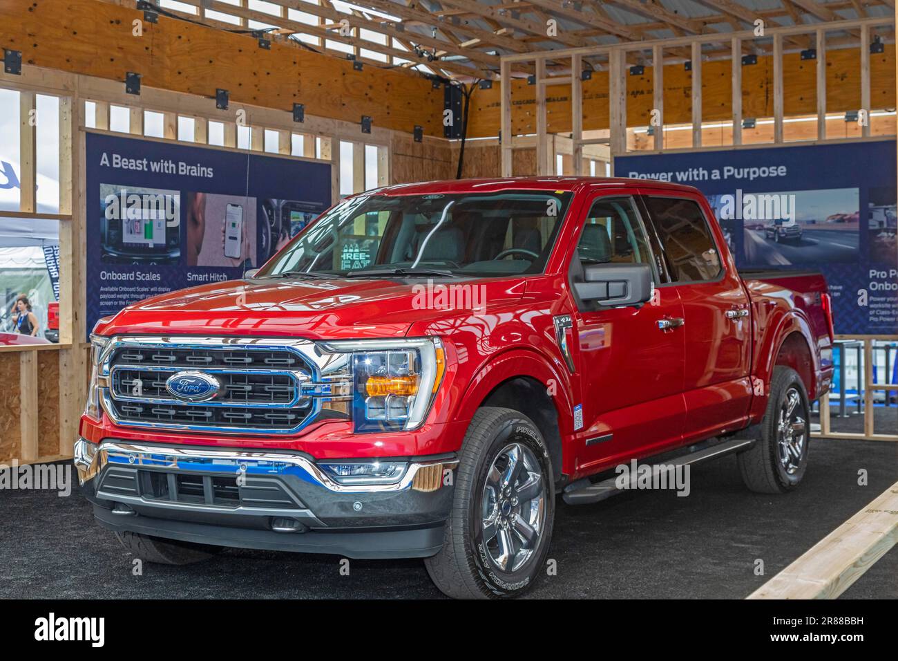 Pontiac, Michigan, The 2021 Ford F-150 hybrid pickup truck on display at the Motor Bella auto show. Motor Bella is a substitute for the annual North Stock Photo