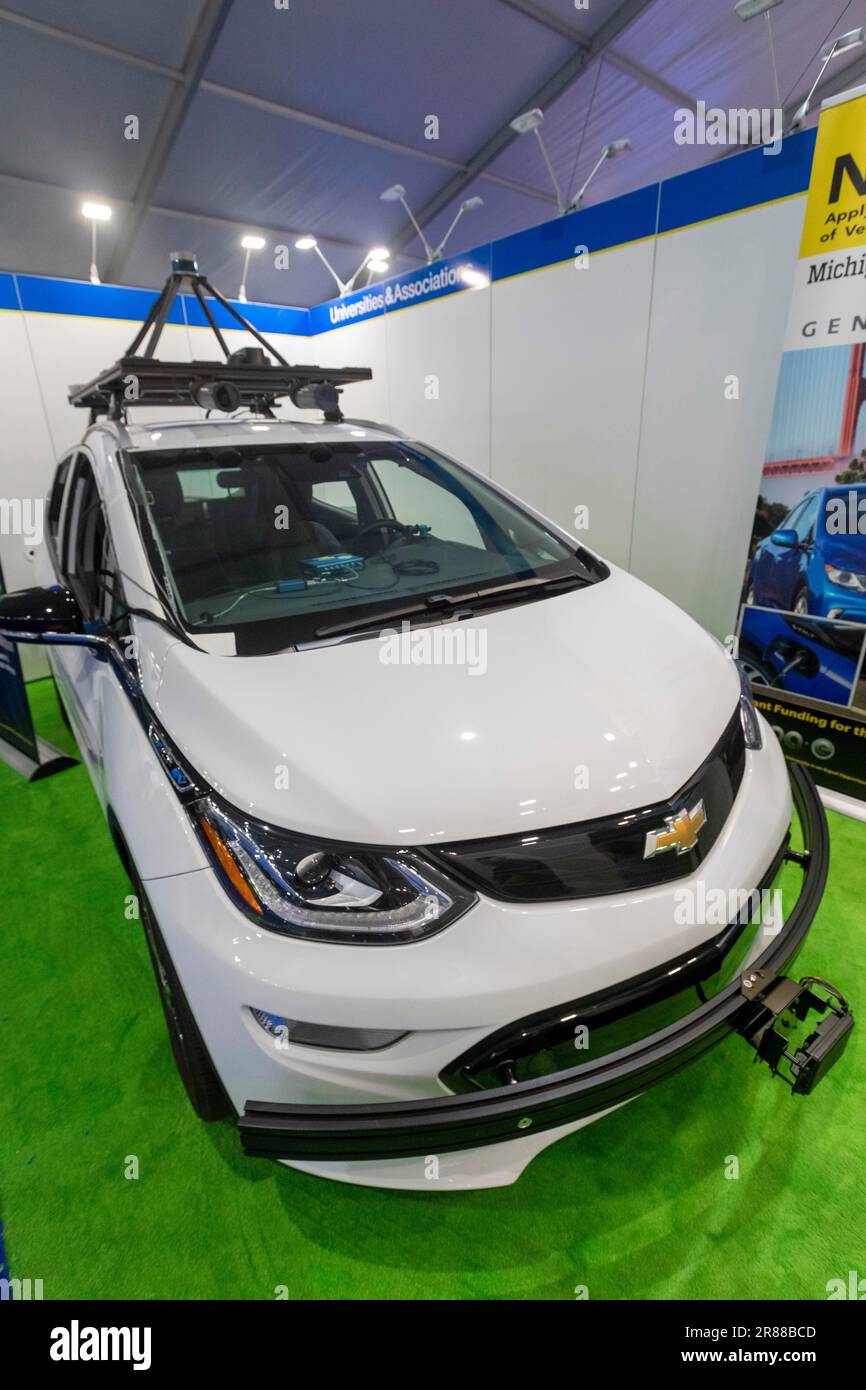 Pontiac, Michigan, A Chevrolet Bolt outfitted with sensors and cameras for autonomous driving research by Michigan Technological University. The Stock Photo
