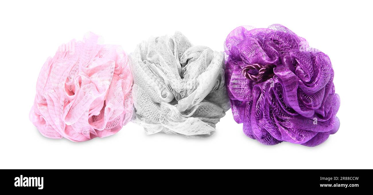 New shower puffs on white background. Personal hygiene Stock Photo Alamy