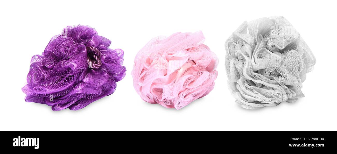 New shower puffs on white background. Personal hygiene Stock Photo Alamy
