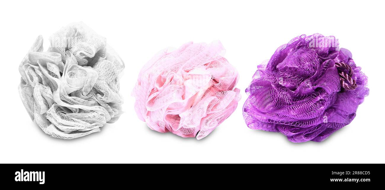 New shower puffs on white background. Personal hygiene Stock Photo Alamy