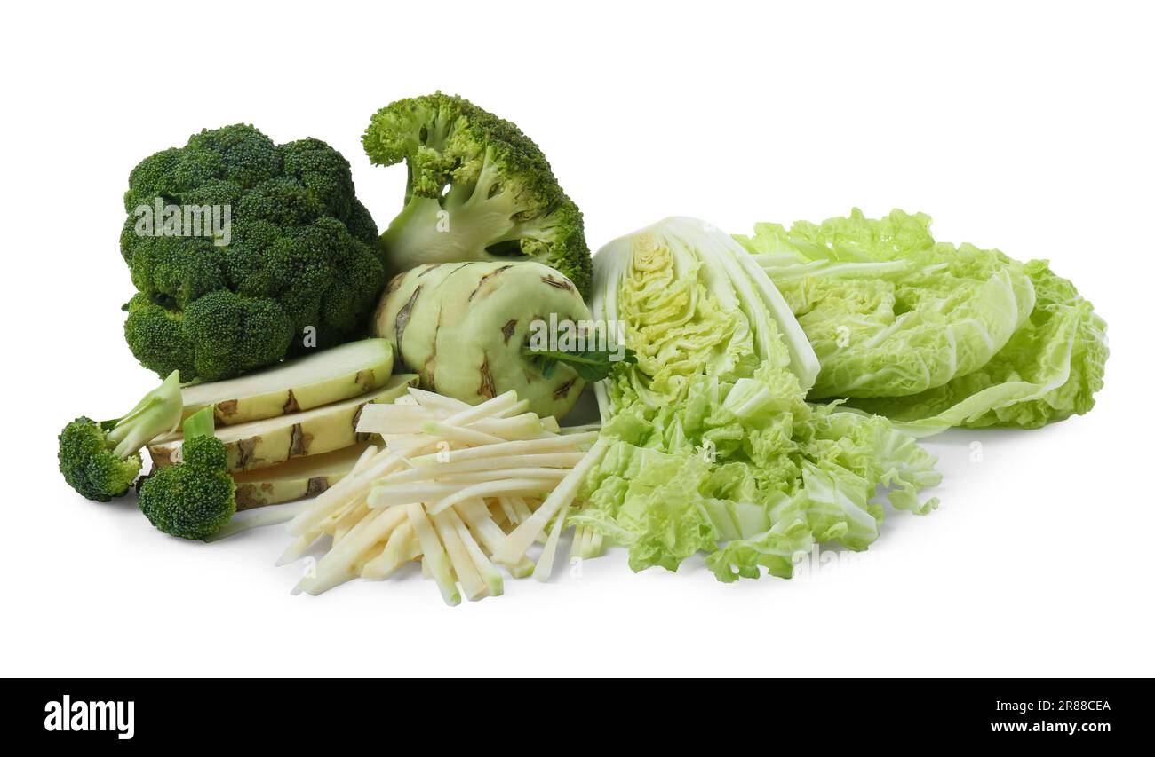 Different types of cut cabbage on white background Stock Photo - Alamy