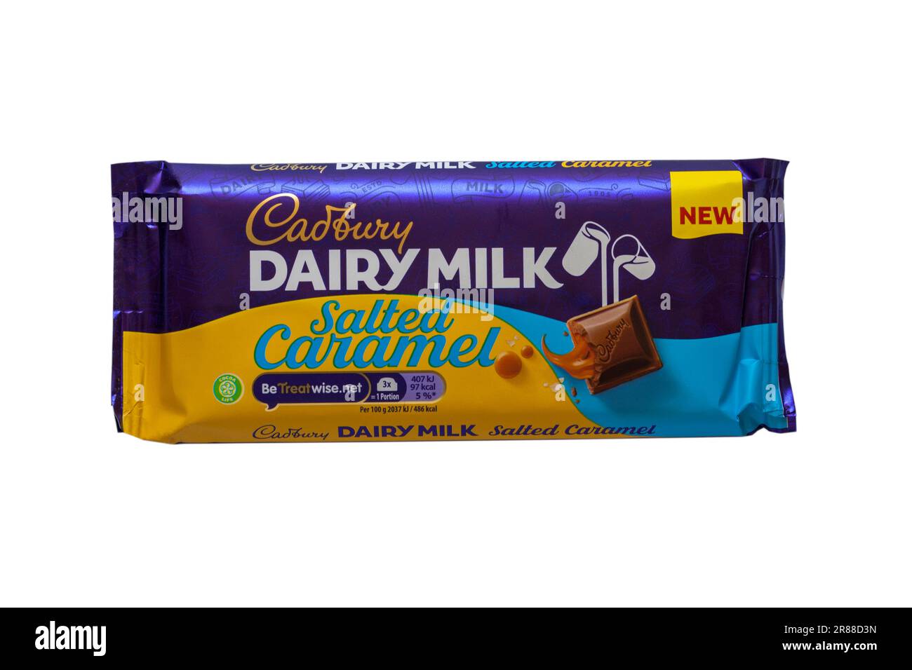 Bar of Cadbury's Dairy Milk Salted Caramel milk chocolate bar isolated