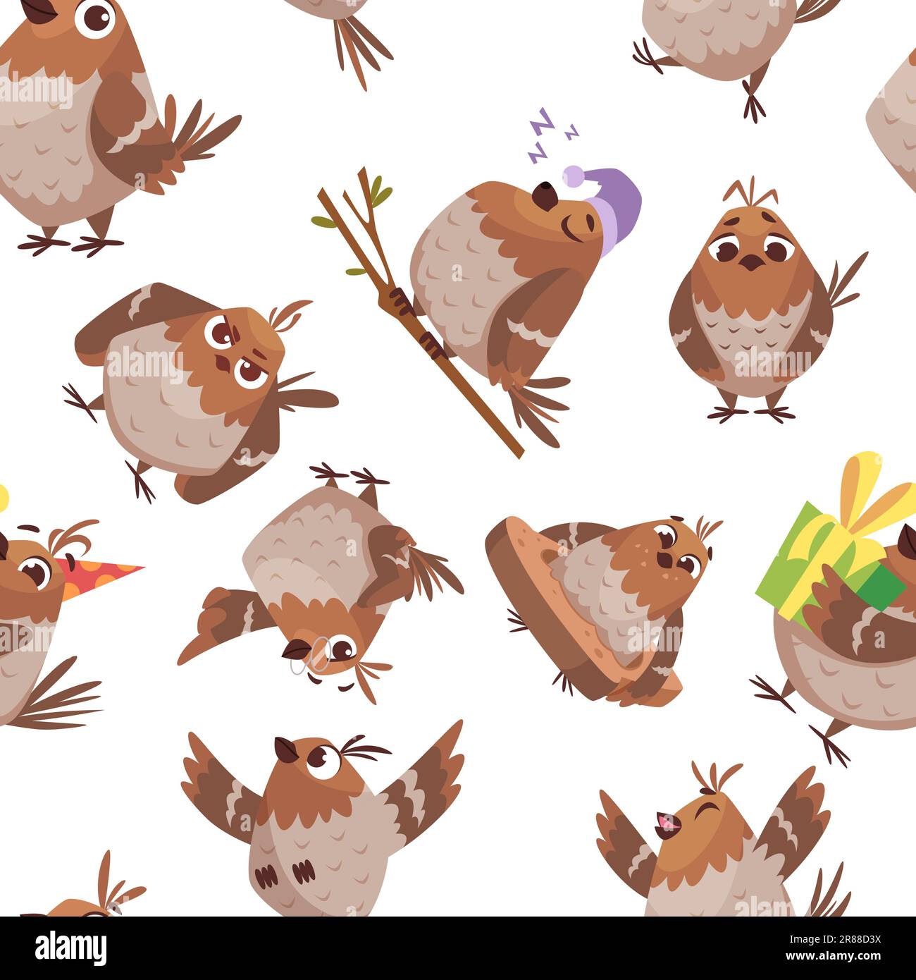 Birds pattern. funny cartoon sparrows in different poses seamless background Stock Vector