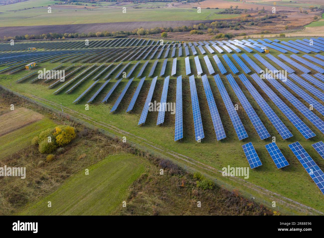 Solar panels aerial view. Solar energy modules, photovoltaic PV plant, alternative renewable energy system Stock Photo