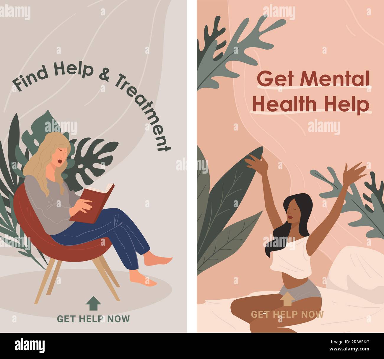 Mental health assistance and help, find recommendations to come with feelings and be healthy. Wellness and wellbeing, calmness and tranquility. Woman Stock Vector