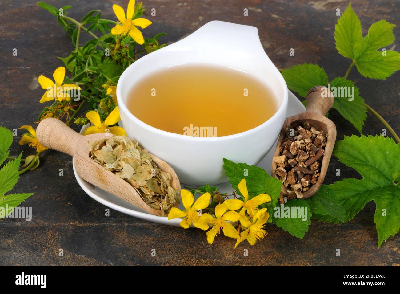 Herbal tea with St. John's wort, valerian root, hops and lemon balm