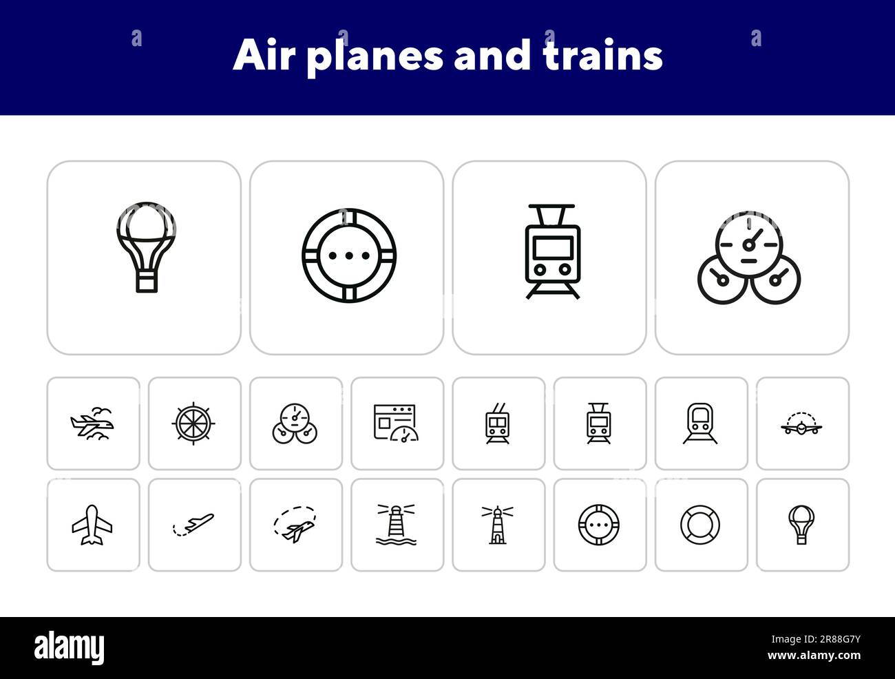 Air planes and trains icons Stock Vector