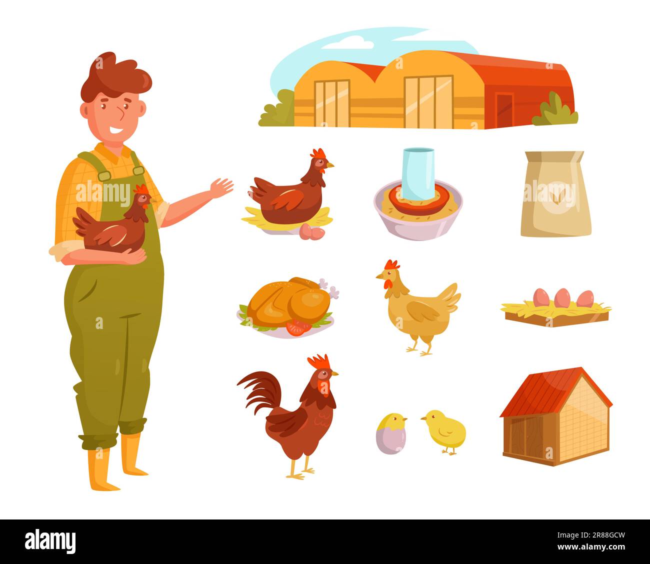 Farmer character and domestic birds vector illustrations set Stock ...