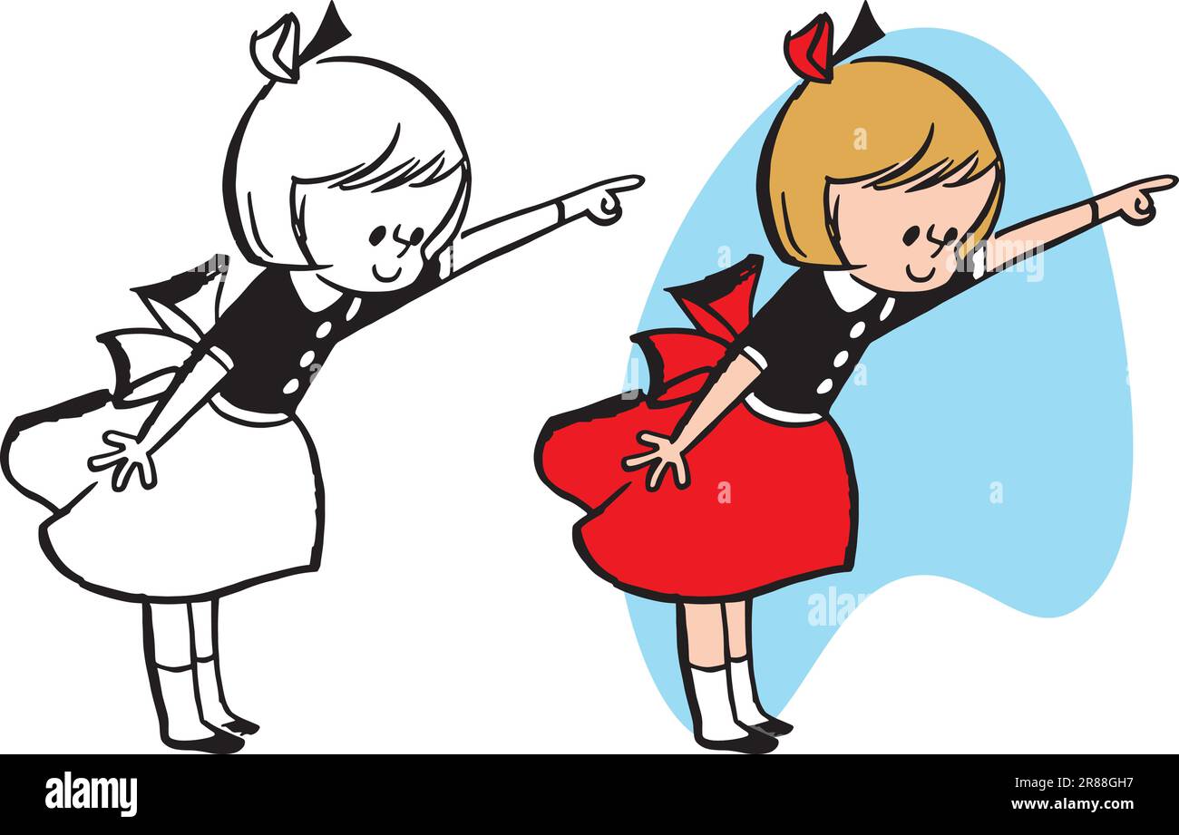 A vintage retro cartoon of a young girl pointing at something to the right. Stock Vector