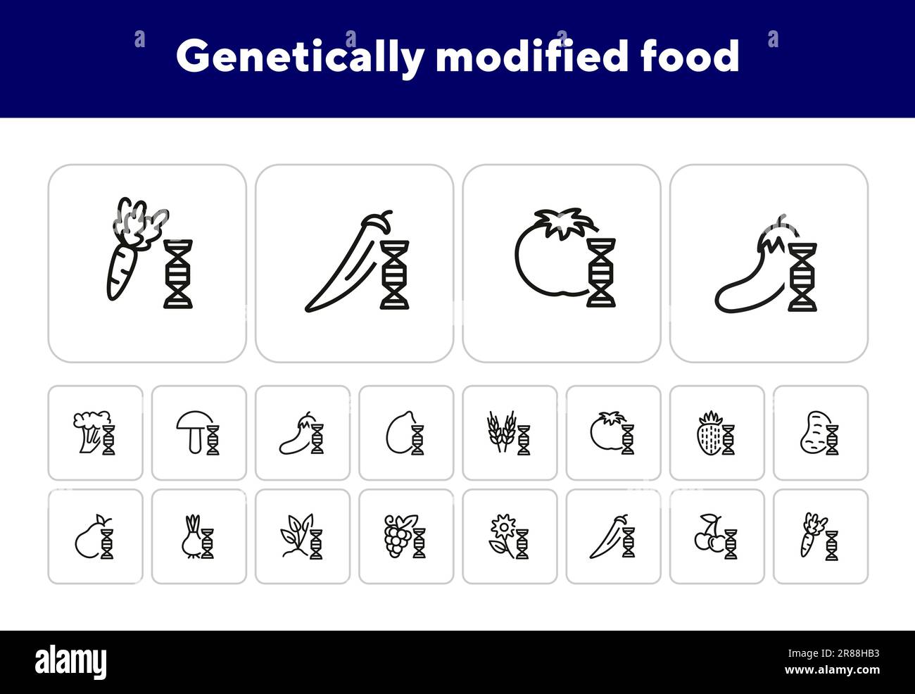 Genetically modified food line icon set. Gene, grain, fruit Stock Vector