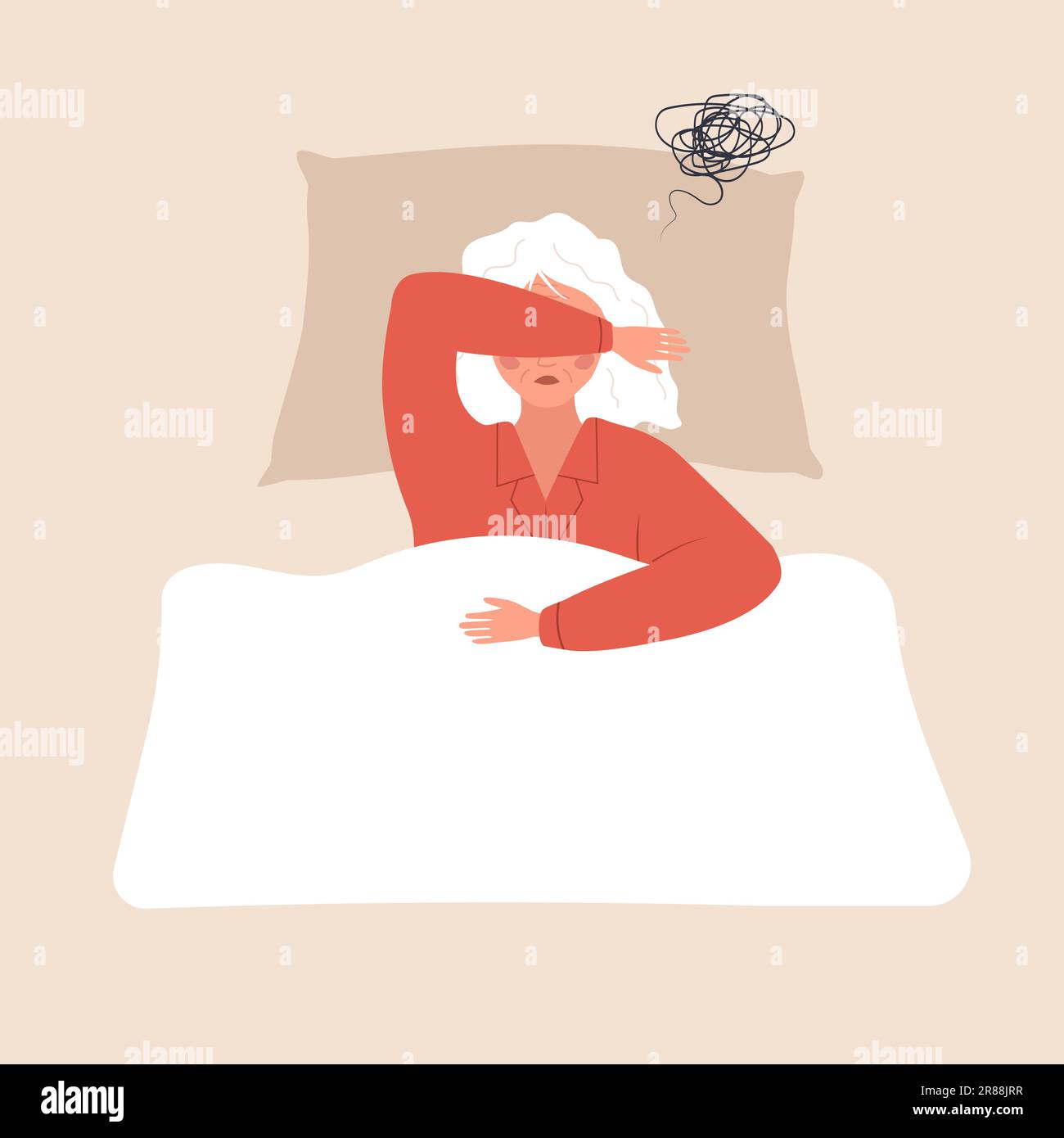 Sleep problems. Tired elderly woman lying in bed and suffer from headache. Insomnia or sleep