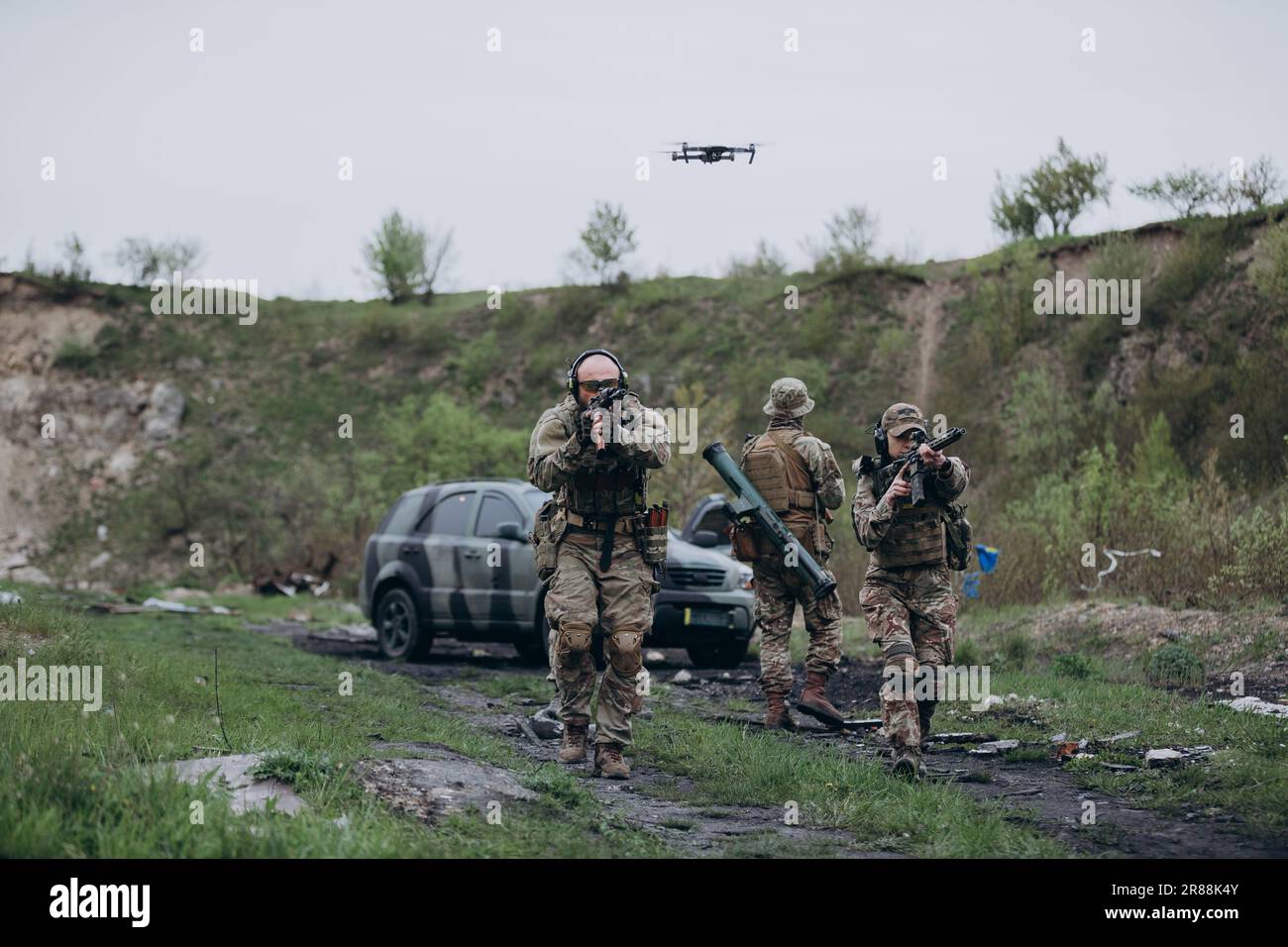 Ukrainian armed forces training tactical skills with a drone Stock