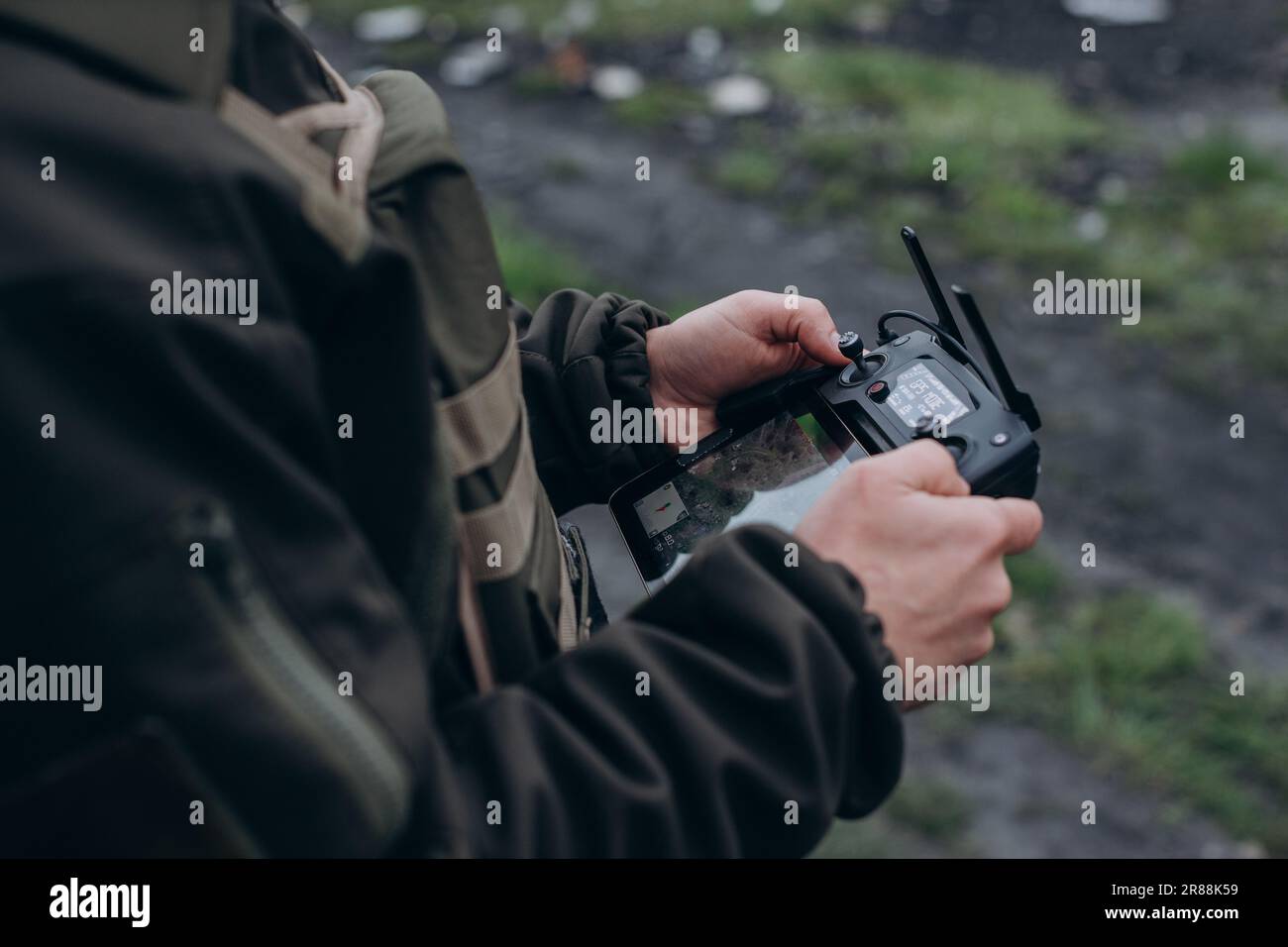 Ukrainian military drone operator doing air intelligence Stock Photo