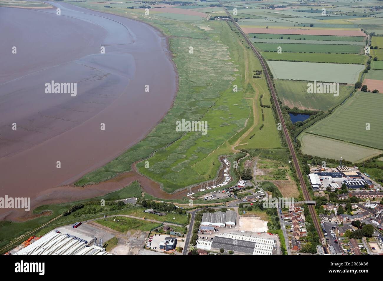 aerial view from high above Brough Haven View Point looking west across the marshlands on the North side of the Humber bear Brough, East Yorkshire Stock Photo